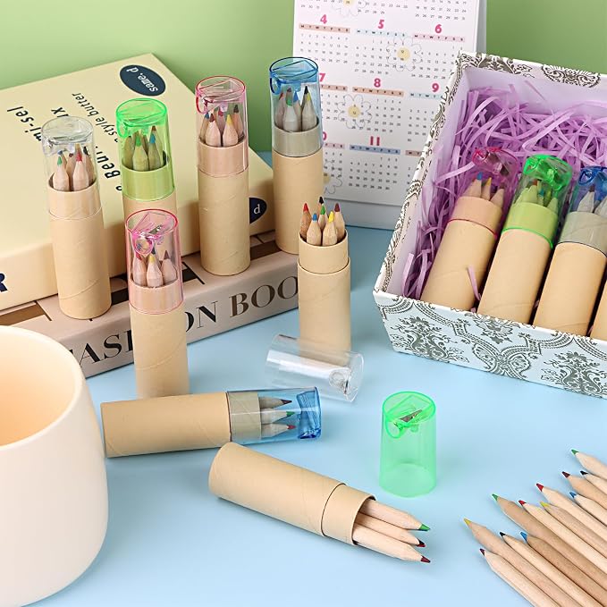 16 Pack Mini Drawing Colored Pencils With Sharpener Set for Kids - 3.3inch Short Fat Color Pencils in Tube for Adult Coloring Books, Classroom School