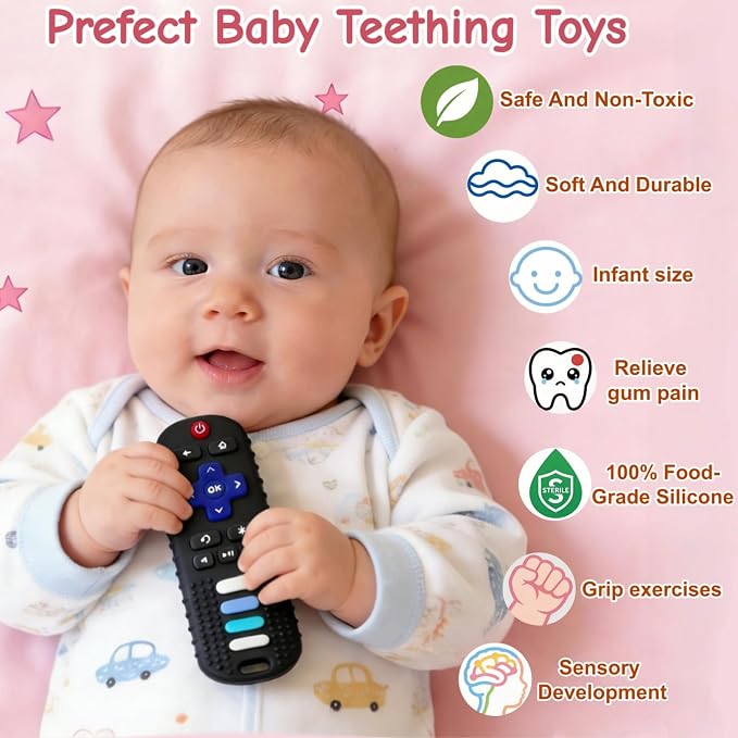 2Pcs Baby Teething Toys, BPA-Free Food Grade Silicone Baby Remote Control Teething Toy for 3-18 Months, Baby Remote Teether, Newborn Teething Relief TV Remote Shaped Toy (Black&Blue)