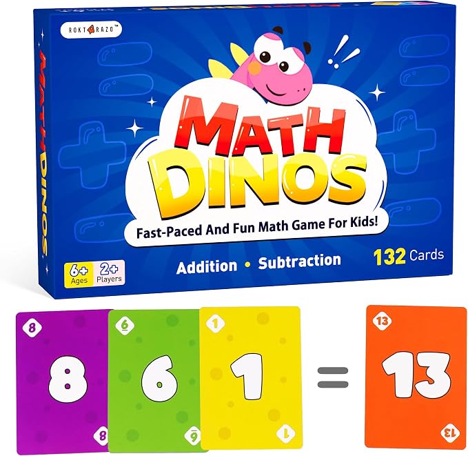 rokt&razo Math Dinos, Fast-Paced Math Card Game for Kids 5+, 8+ | 4 Operations with adjustable difficulty. Perfect for homeschool, STEM study aid & teaching tools. 132 cards, 2-6 players.