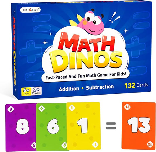 rokt&razo Math Dinos, Fast-Paced Math Card Game for Kids 5+, 8+ | 4 Operations with adjustable difficulty. Perfect for homeschool, STEM study aid & teaching tools. 132 cards, 2-6 players.