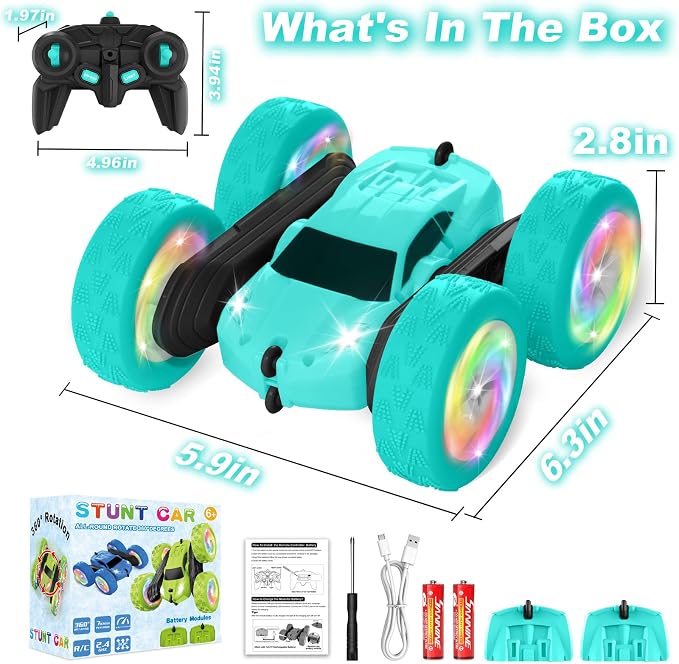 Remote Control Car, Stunt RC Cars, 2.4GHz Double Sided 360° Flips RC Crawler, Outdoor Toys for Kids Ages 4-8, Upgraded USB-C Modular Battery, 5 6 7 8 9 10 +Year Old Boys Birthday Gifts MintGreen