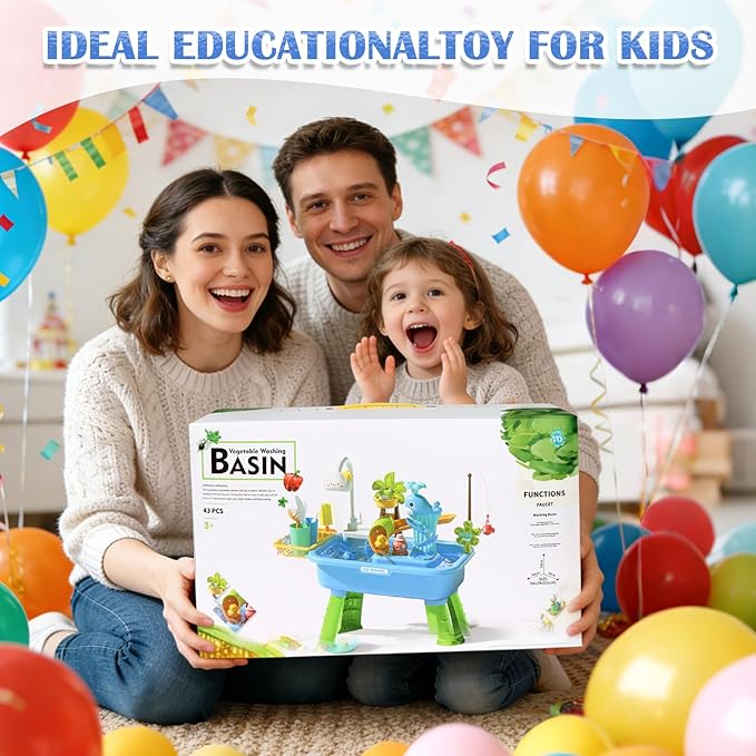 Water Table for Toddlers 1-3, Kids Play Sink for Toddlers with Pump, Whale Slide, Waterfall Shower & Pretend Kitchen Accessories, Summer Baby Water Toy for Outdoor Backyard Sensory Play（Blue）