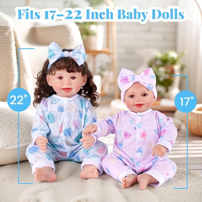 BABESIDE 5 Sets of Reborn Baby Doll Clothes with Doll Headband for 17-22 Inch Dolls, Realistic Baby Doll Clothes and Accessories Set with Various Cute Patterns for Real Life Baby Dolls