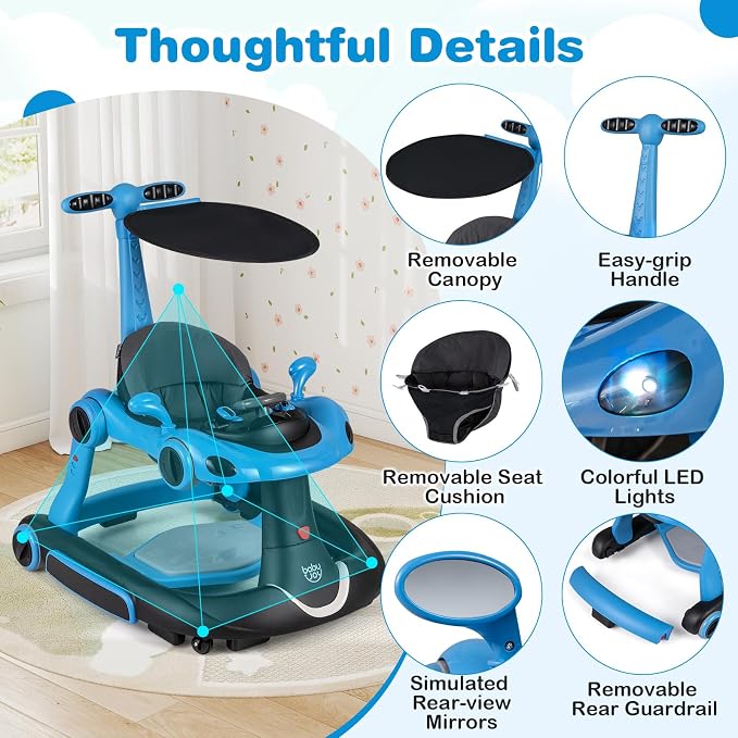 BABY JOY 7-in-1 Baby Walker, Foldable Baby Walker and Bouncer Combo with Handle, Adjustable Height & Speed, Music, Lights, Rocker/Push Mode, Baby Walker with Wheels for Boys Girls 7-18 Months (Blue)
