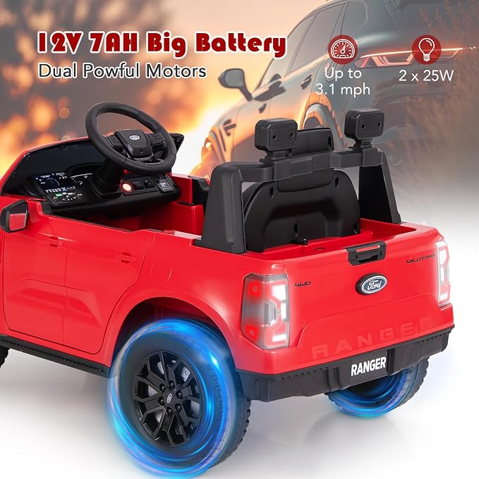 Licensed Ford Ranger Ride on Pickup Truck by INFANS, 12V Battery Powered Electric Vehicle for Kids with Remote Control, Headlight, Power Display, Bluetooth, MP3, Music, Aged 3-6 Years (Red)