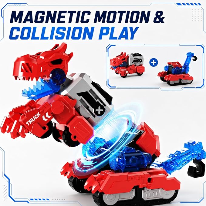 Magnetic Dinosaur Transforming Robot Toys, 6-in-1 Dino Construction Trucks for Kids, Magnetic Car Toys for Boys Girls Age 3 4 5 6 7 8, STEM Educational Christmas Building Gift