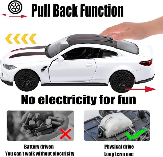 TOKAXI 1/36 Scale BMW M4 CSL Diecast Model Cars,Pull Back Vehicles BMW M4 Toy Cars,Cars Gifts for Boys Girls (White)