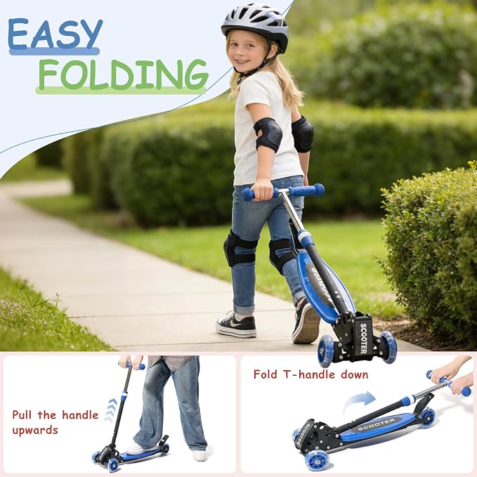 Toddler Scooter, 3 Wheels for Kids 2-7 Year Old LED Lighted, Folding Lean-to-Steer Kids Scooter with 3 Adjustable Handlebar for Boys Girls, Blue