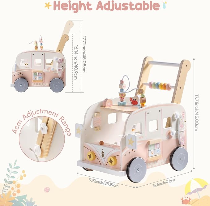 ROBUD Wooden Baby Walker, Height & Speed Adjustable Baby Push Walker with Anti-Slip Wheels, Developmental Activity Center with Ocean Vacation Theme, Wooden Walkers for Babies Learing to Walk，Pink