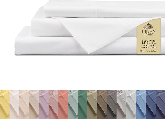 Linen Home 100% Cotton Percale Sheets California King Size, Snow White, Deep Pocket, 4 Pieces Set- 1 Flat, 1 Fitted and 2 Pillowcases, Crisp Cool and Long Staple Strong Bed Linen