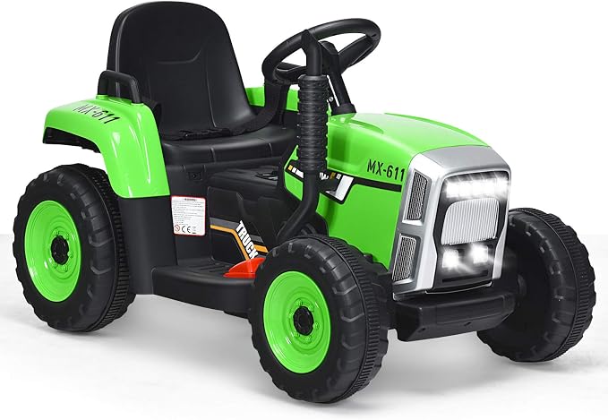 HONEY JOY Ride On Tractor with Trailer, Toddler 3-Gear-Shift Ground Loader, LED Lights, Horn, Music, 12V Battery Powered Electric Toy Tractor with Remote Control (Green)