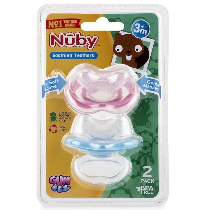 Nuby Gum-EEZ Baby Teethers - 2 Pack - Soothing Bristles, Easy Grip Handle & Hygienic Cover - Silicone Teethers for Babies - 3+ Months - Neutral - 100% Silicone