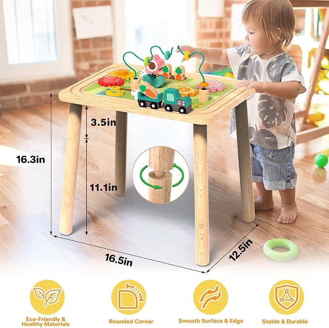 3-in-1 Baby Activity Table for 18-36 Months Old Kids Wooden Activity Center Sensory Play Table for Toddlers with Bead Maze Shape Sorter Montessori Toys Sand Table Must Have Birthday Gift for Girls Boy