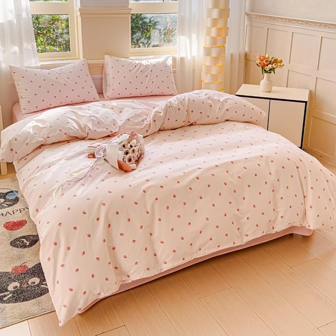 LIWHENHAO Duvet Cover Set Queen 100% Cotton Bedding Ditsy Red Strawberry Fruit Print 1 Pink Cottagecore Comforter Cover Full 2 Pillowcases for Kids Girls Boys Woman