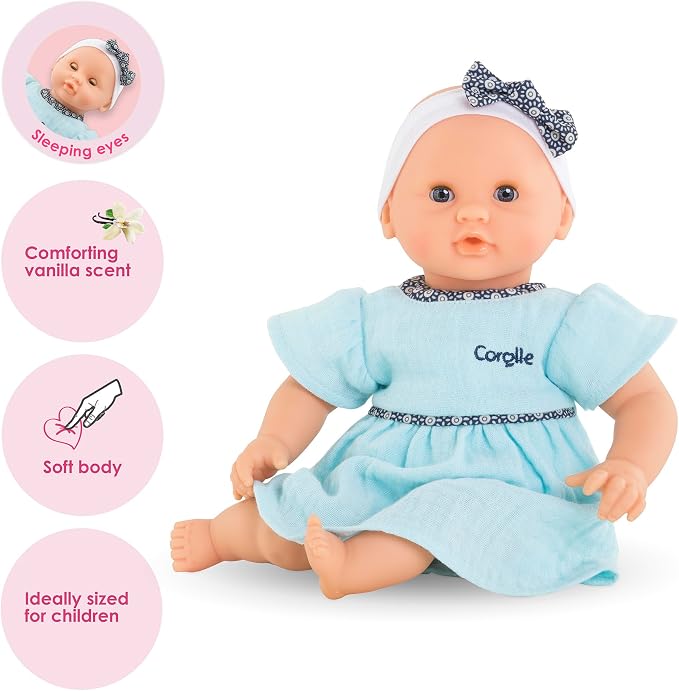 Corolle Bébé Calin Maud - 12" Soft Girl Baby Doll with Vanilla Scent, Blue Outfit & Sleeping Eyes for Girls Ages 18 Months+, Cute Reborn Realistic Baby Dolls for 2 Year Old Girls