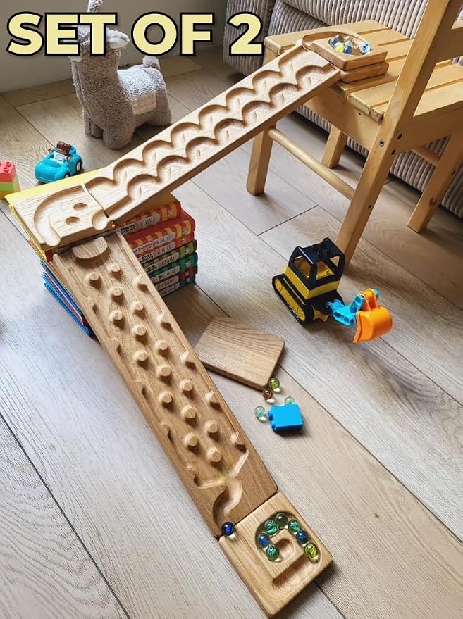 Wooden Marble Run Track Set of 2 Wind+Rocks Race Set Wooden Maze Board Ball Run Montessori STEM Toy Gift for Kids Wave Course Winding Roller Track Game (Wind+Rocks)