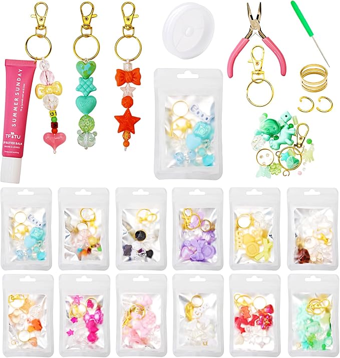 WJXCYGG 12 Set Lip Gloss Keychain Making Kit 120 Assorted Acrylic Beads Packed in 12 Colors 32.8 Ft Rope 12 Keychain Clips for DIY Crafts Women