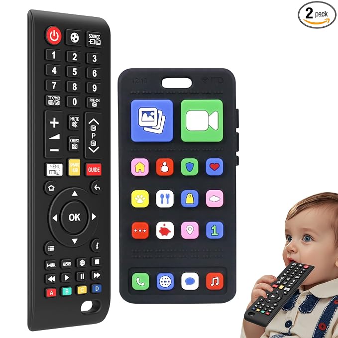 Baby Silicone Teething Toys for Babies 0-6 Months,Phone and Remote Teether Toys for Toddlers 6-12 Months,2 Pack Teether Toys Sensory Toys for Babies,Baby Chew Toys for 6-12-18 Months