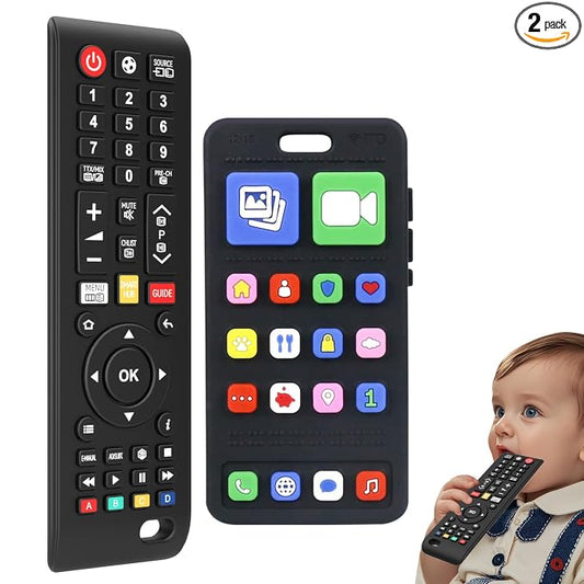 Baby Silicone Teething Toys for Babies 0-6 Months,Phone and Remote Teether Toys for Toddlers 6-12 Months,2 Pack Teether Toys Sensory Toys for Babies,Baby Chew Toys for 6-12-18 Months