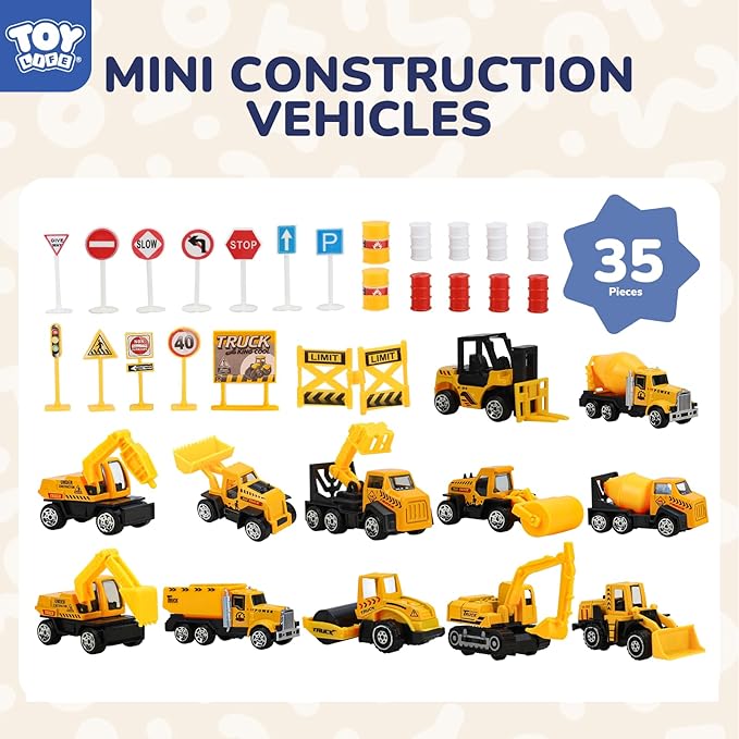 TOY Life 35 PCS Construction Toys, 12 Mini Construction Vehicles with Accessories, Excavator Bulldozer Dump Truck Playset, Sandbox Toys and Cake Toppers for Kids Ages 3-8