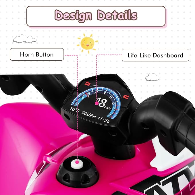 OLAKIDS Kids Ride On ATV, 6V Electric Vehicle for Toddlers, 4 Wheeler Battery Powered Motorized Quad Toy Car for Boys Girls with LED Lights, Horn (Coral)