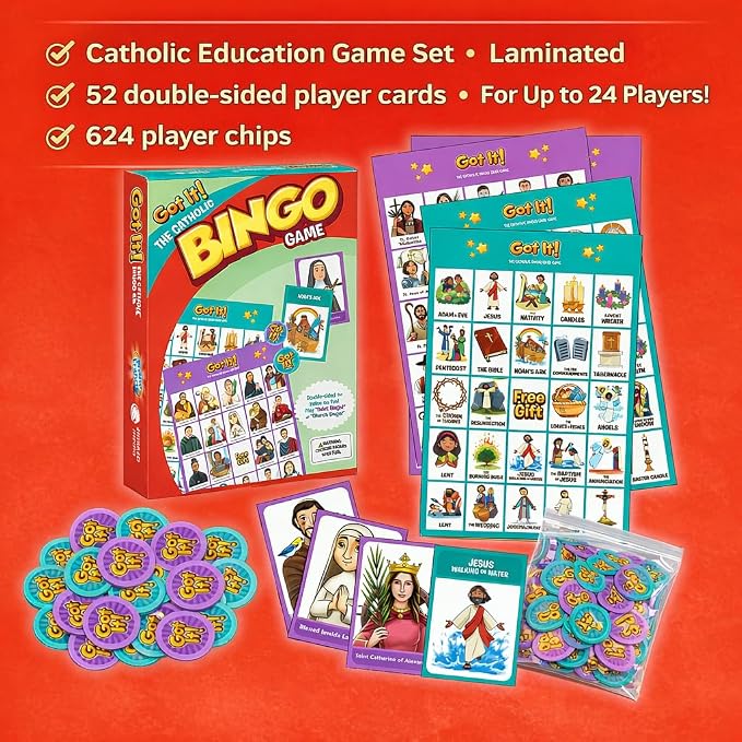 Got It! The Catholic Bingo Game - 2-in-1 Saints & Church Edition - 24 Double-Sided Laminated Cards with Real Chips & Storage Bag - Educational Faith Based Gift for Kids, Teens & Families - Ages 6+