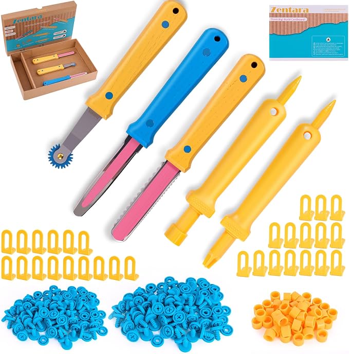 Zentara Cardboard Construction Toolbox Set with Wood Handle – 401PCS Complete Building Kit with Safe Cardboard Cutters for DIY Craft Item | STEM and STEAM Educational Toys for Boys and Girls Age 5+