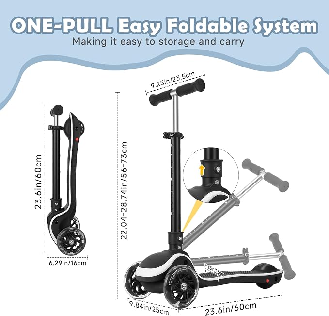 Kids Scooter with Seat, 2 in 1 Kick Toddler Scooter with LED Light-Up Wheels and Light up Deck, 4 Adjustable Heights, Lean to Steer, 3 Wheels Scooter Suitable for Boys & Girls Ages 2-8 Years