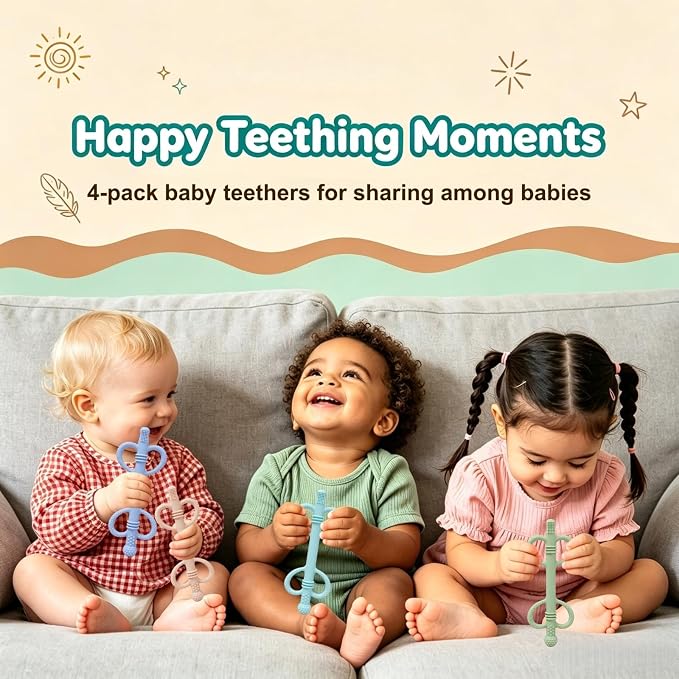 4 Pack Baby Teething Toys, Heart-Shaped Easy-Grip Silicone Teething Sticks, BPA-Free Multi-Texture Teething Tubes, Sensory Chew Toys to Soothe Gums 3-36 Months with Cleaning Brush