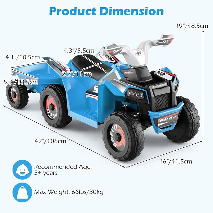 OLAKIDS 6V Kids ATV with Removable Trailer, Forward Backward Function, Widened & Wear-Resistant Wheels, Ride On Toy for Toddlers (Blue)