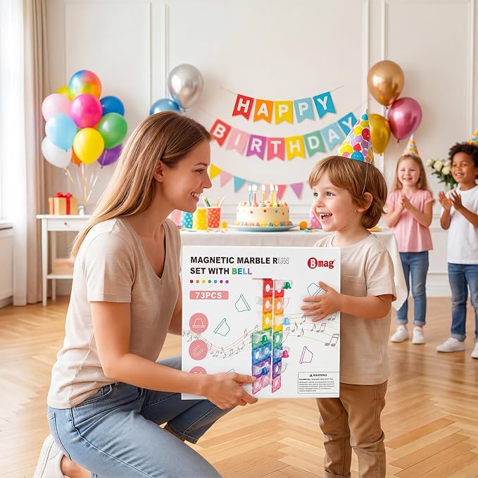Bmag Magnetic Marble Run Set with Happy Birthday Bell, 73 Pcs STEM Educational Magnetic Marble Maze Toy for Kids 3+, Creative Building Track Game, Birthday Gift for Boys & Girls
