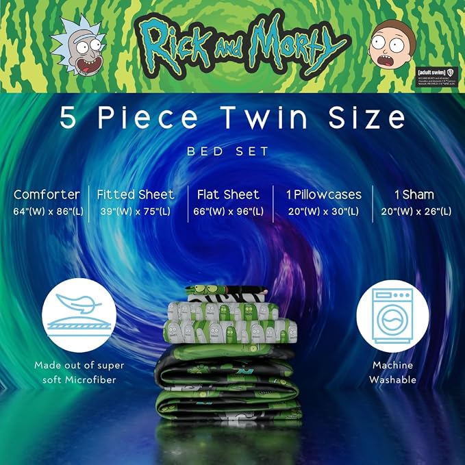 Rick & Morty 5 Piece Super Soft Cozy Reversible Comforter and Sheet Set with Sham, Twin, (Officially Licensed Product) By Franco