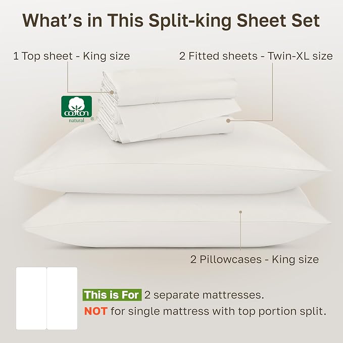 California Design Den Split King Sheets Set - Luxury 800 Thread Count Sateen, 100% Cotton Natural Sheets, Deep Pockets for a Snug Fit, Durable Bedding - Eggshell Cream