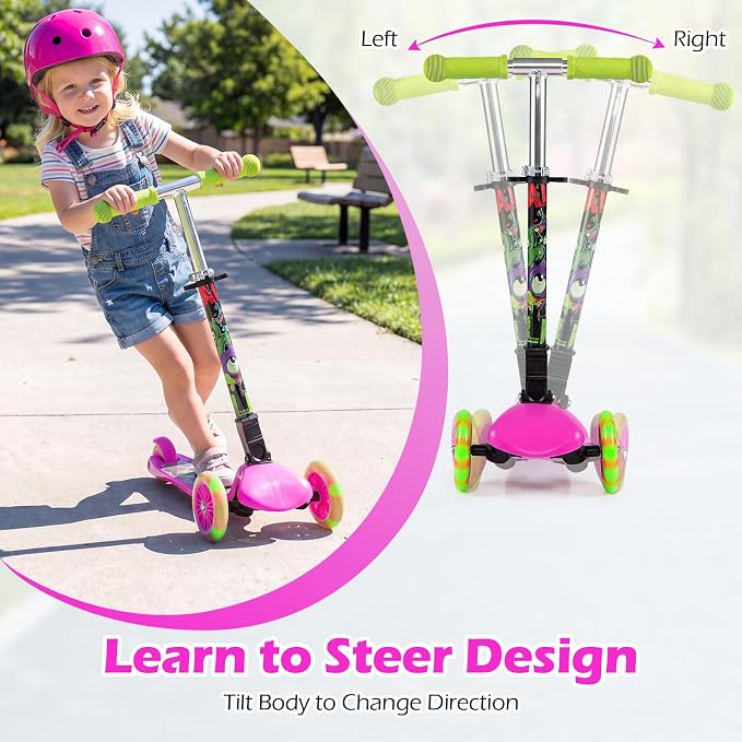 OLAKIDS Kids Kick Scooter with LED Front Wheels, 3-Level Adjustable Handlebars, Lean-to-Steer Design, Rear Foot Brake, Wide Anti Slip Deck, 3-Wheel Scooter for Kids Ages 2-5
