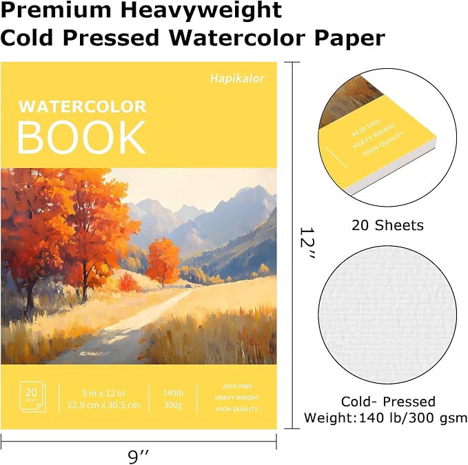 Watercolor Paper Pad 9x12, 140lb/300gsm Cold Press Drawing Paper, 20 Sheets Acid-Free Artist Sketchbook for Wet Media, Gouache & Acrylic, Double Sided Painting Paper (Yellow Cover)