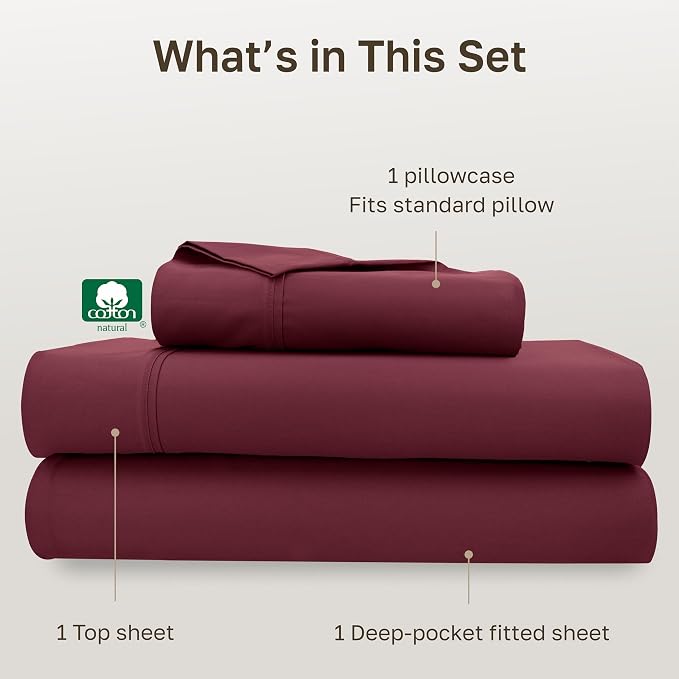 California Design Den Soft 100% Cotton Twin Size Bed Sheets Set, 400 Thread Count Good Housekeeping Award Winner, Silky Smooth Sateen Weave, Refined Twin Bed Sheet Set - Burgundy Red
