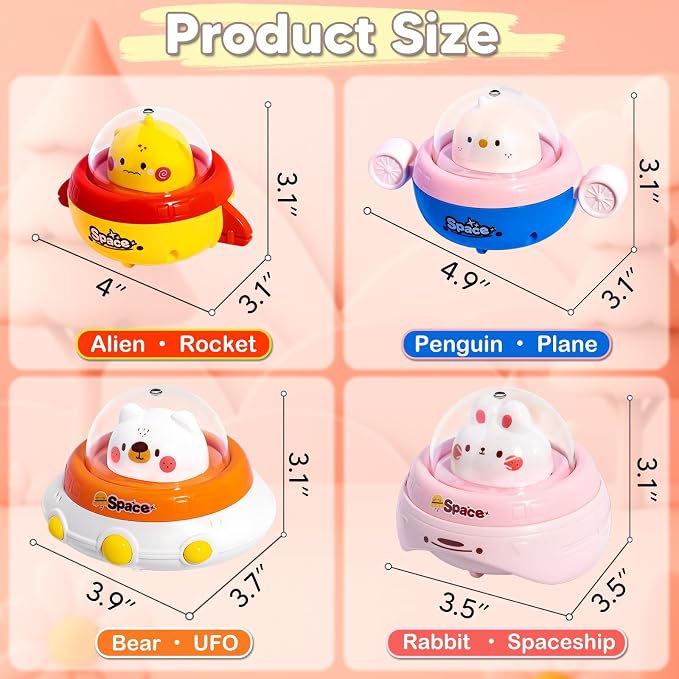 4PCS Animal Press to Go Car Toys for Toddlers 1-3, Push Go Friction Car Toys for 6-18 Months Baby, Animal Space Racing Cars, Infant Play Vehicle Set, Birthday Gifts for 1 Year Old Girl & Boy