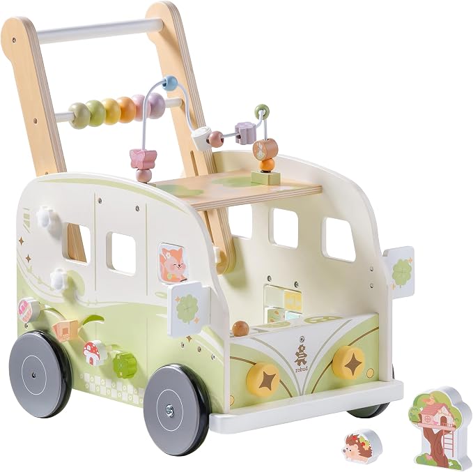 ROBUD Wooden Baby Walker, Height & Speed Adjustable Baby Push Walker with Anti-Slip Wheels, Developmental Activity Center with Forest Toys for 12-36 Months，Green