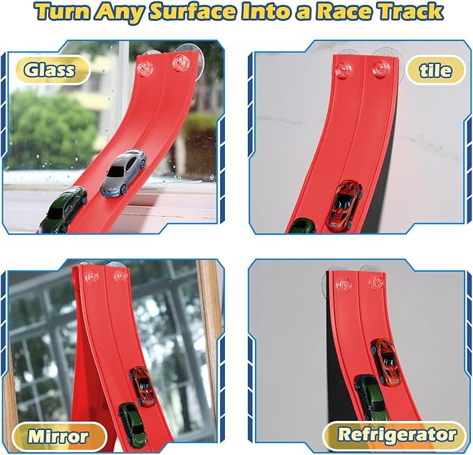 Upgrade Flexible Race Track for Kids 3+, Flexible Car Track 15Ft Race Track Compatible with Diecast 1/64th Cars, Roll Up Car Ramp Toy with Strong Suction Cups