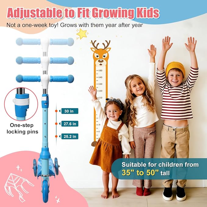 Kick Scooter for Kids Ages 3-7, Three Wheel Toddler Scooter with Handlebar Steering(No Lean),Height Adjustable, Light Up Rear Wheels, Indoor Outdoor Toy for Girls Boys, Holiday Birthday Gift