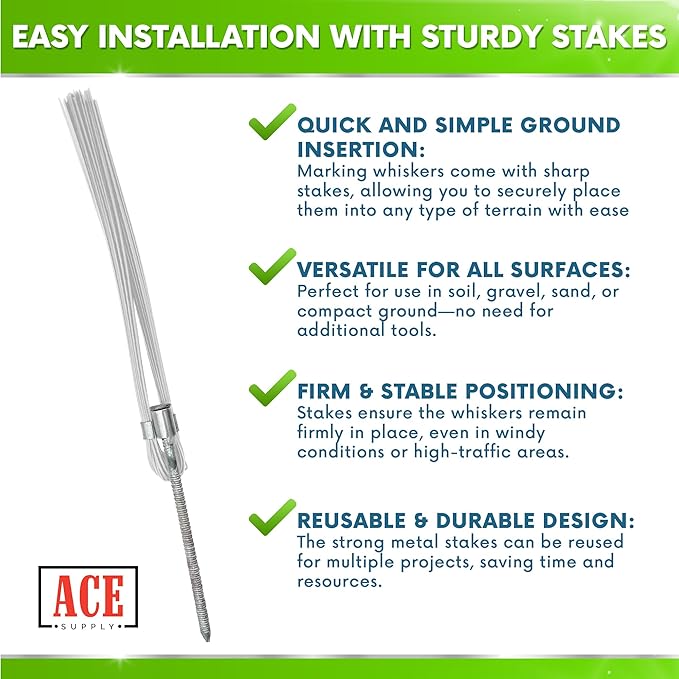White Marking Whiskers With Stakes - 25 Pack - Durable Marking Whisker Set - Use Survey Whiskers As Ground Markers, Construction Markers, Or Trail Markers