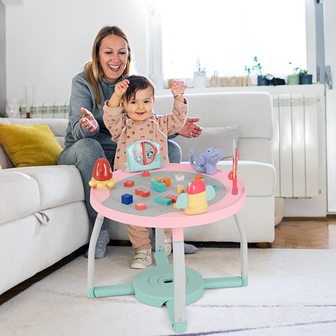 HONEY JOY Baby Activity Center, 5 in 1 Infant Jumper & Standing Play Table w/ 360° Rotary Seat, 6 Toys, 3 Adjustable Heights, Lights, Music & Sounds, Activity Center for Babies 6-36 Months (Pink)