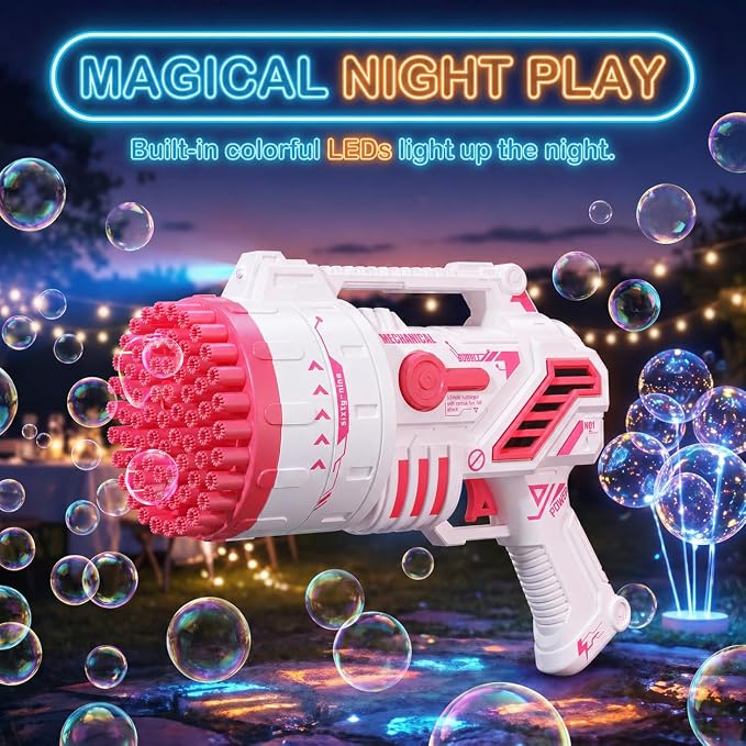 Bubble Gun for Kids, 69-Hole Bubble Blaster with LED Lights, Pink | 69-hole bubble machine gun for kids ages 4-8, with LED lights for summer, birthday, party and outdoor play.