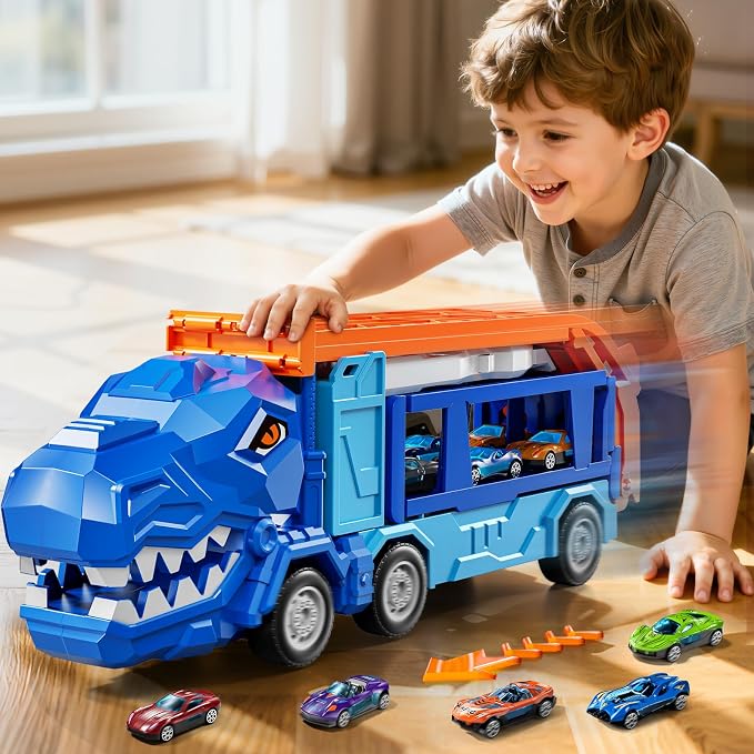 Truck Toys Car Track Set for 3 4 5 6 Years Old Boys, Dinosaur Truck Transporter Car Race Track with 12 Die-Cast Racing Car Toys, Birthday Gifts for Toddlers Kids Girls Age 3 4 5 6 7 8