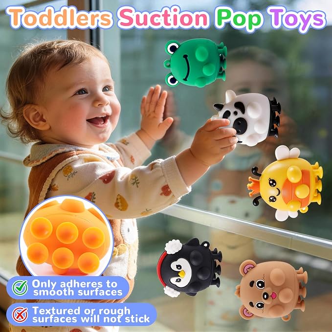 ChildFun 6 PCS Animal Suction Popper Sensory Toys, Toddler Travel Toys for Airplane Car Activities, Silicone Fidgets Toys for 12 Months+ Babies, Toys for 1 2 3 Year Old Girls Boys Birthday Gifts