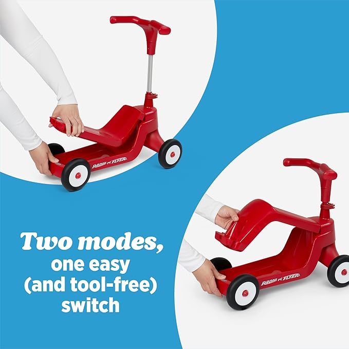 Radio Flyer Scoot 2 Scooter, Blue/Red/Pink, for Kids Ages 1-4, Ride On Toy or 4-Wheel Kids Scooter, Durable Wheels and Frame, Converts Easily with Flip Deck, Toddler Ride On Toys (Amazon Exclusive)