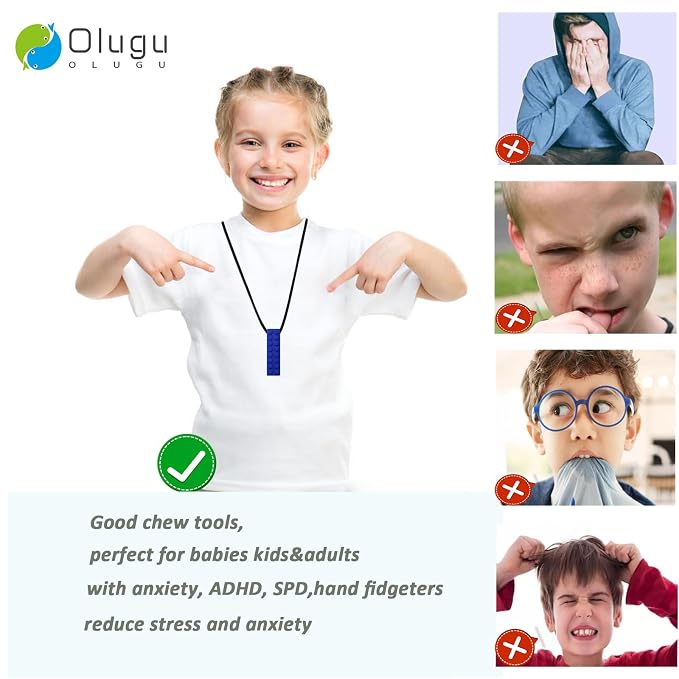 Olugu Chewing Necklace for Kids Sensory, Blocks Sensory Necklace for Chewing Boys Girls with Autism, ADHD, Teething, Biting, Chewing Needs, Silicone Chewy Necklace Sensory for Reduce Anxiety -7 Pack