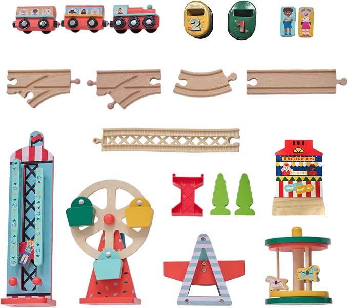 Teamson Kids Wooden Train Table – Carnival-Themed Amusement Park Playset | Ferris Wheel, Carousel & Train Track, Interactive Toy for Toddlers, With Storage, Ages 3+