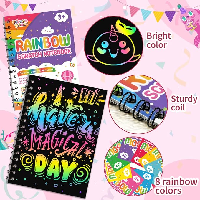 Scratch Paper Art Party Favors for Kids: 64 Pack Rainbow Scratch Notebook, Goodie Bags Stuffers Coloring Books Party Favors for Kids 3-12, Bulk Classroom Birthday Gifts for Student
