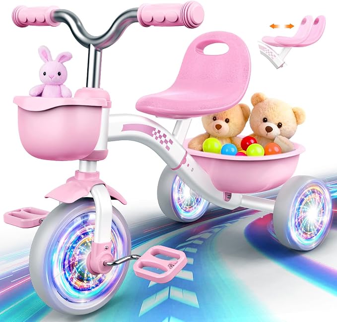 Kkdi Toddler Tricycle for 1-3 3-5 Year Olds, 2 3 4 5 Year Old Girl Birthday Gifts, Pink Toddler Baby Bike, 4-Level Adjustable Seat, 3 Color Light Wheels, 2 Baskets, Outdoor Riding Toys for Ages 2-4